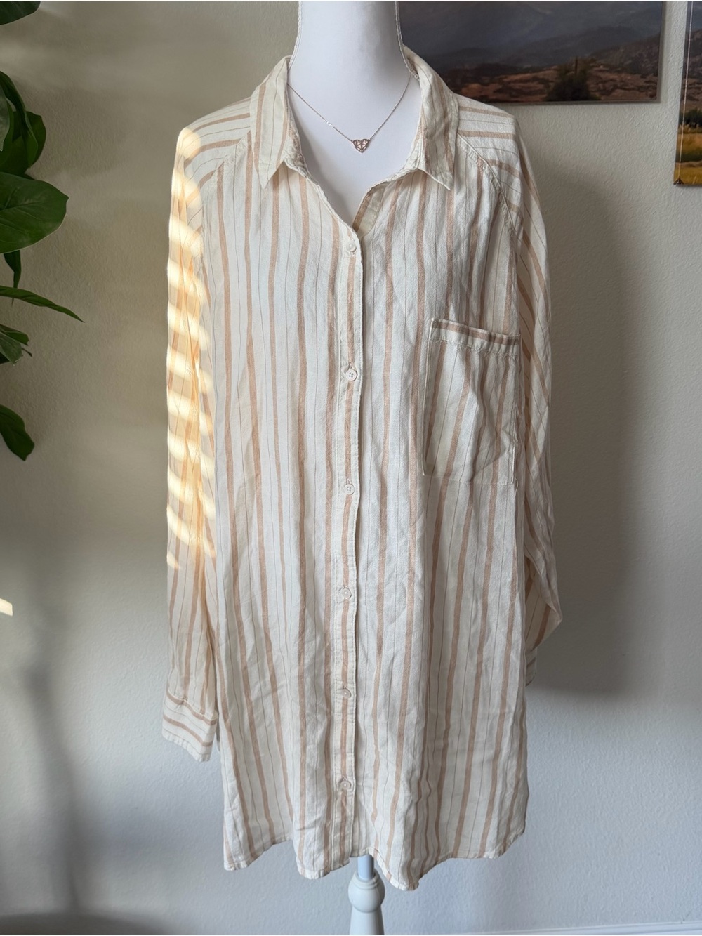 aerie Cream and Tan Striped Button-Up Top